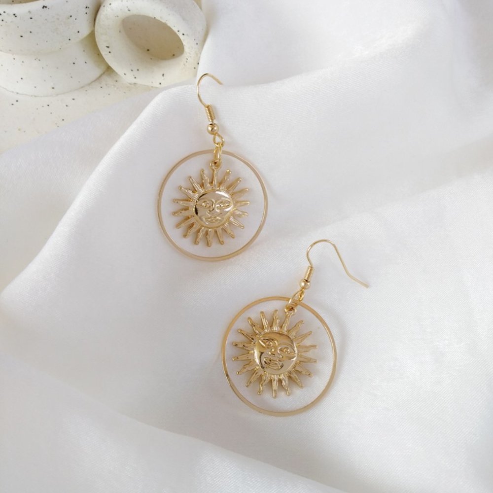 Bright Gold Shiny Sun Face Earrings - Picture 3 of 6